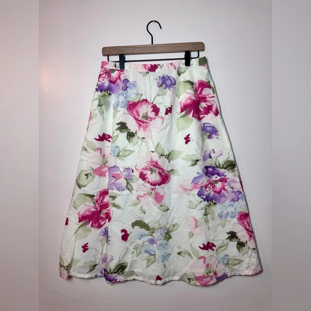 Vintage RL Chaps Linen Midi White Floral Watercolor Lined A-Line Skirt - Size 6 - Picture 5 of 7
